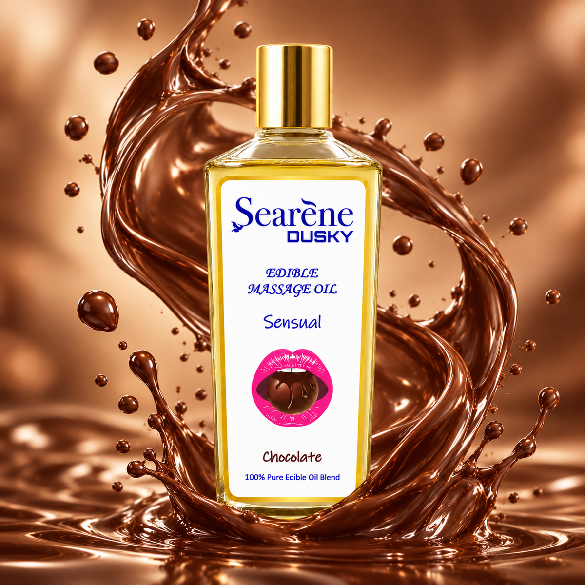 Searène DUSKY Sensual Chocolate Edible Massage Oil, an oil-based body massage blend with a chocolate-inspired aroma for soft-feeling skin.