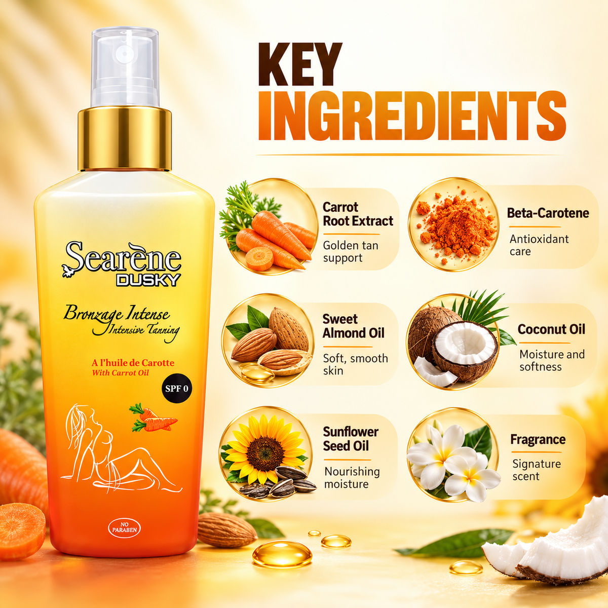 Searène DUSKY Bronzage Intense Intensive Tanning Oil With Carrot Oil, SPF 0, for a golden-looking tan.