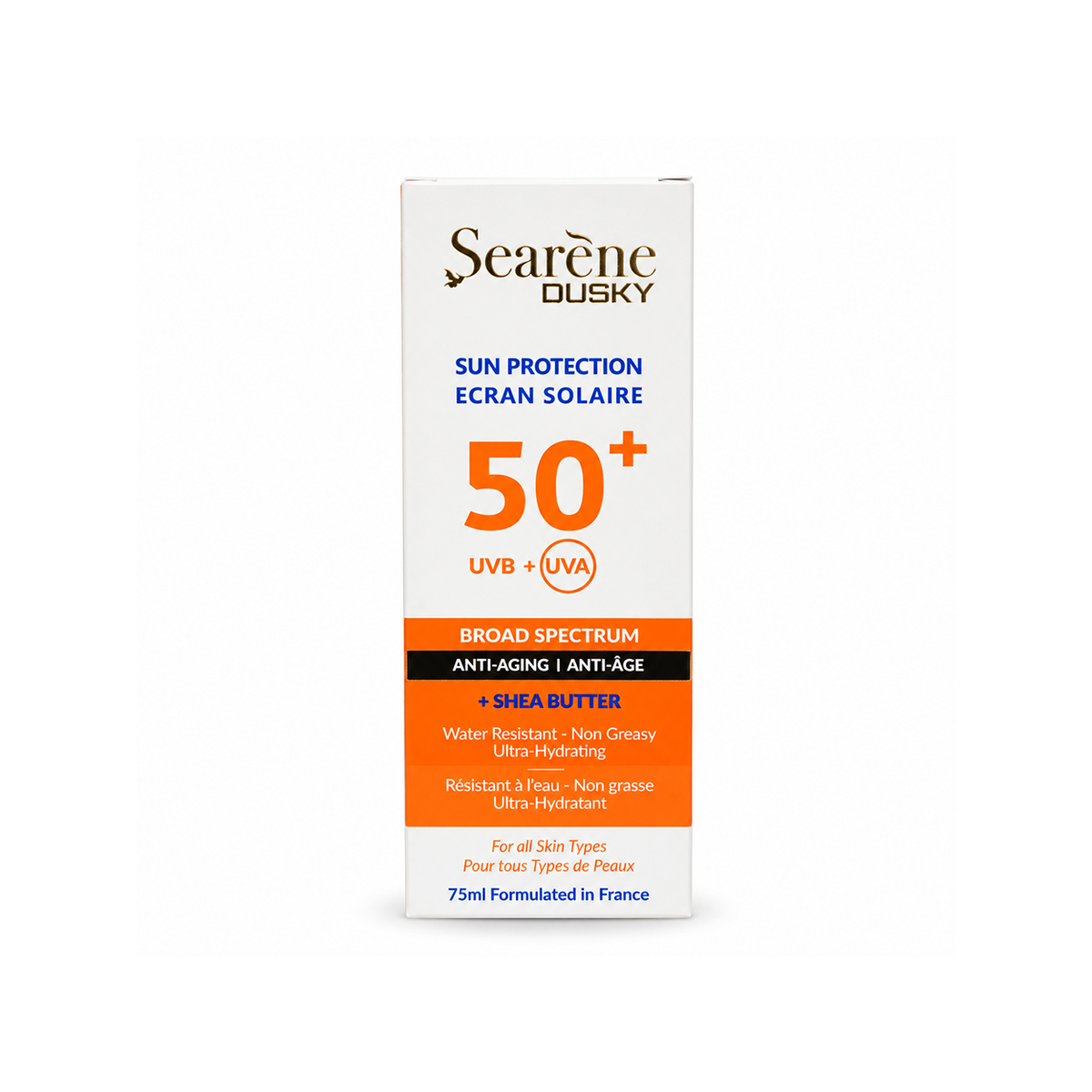 Searène DUSKY Sun Protection SPF 50+ Anti-Aging Shea Butter sunscreen for face and body, 75ml, with broad-spectrum UVA/UVB protection.