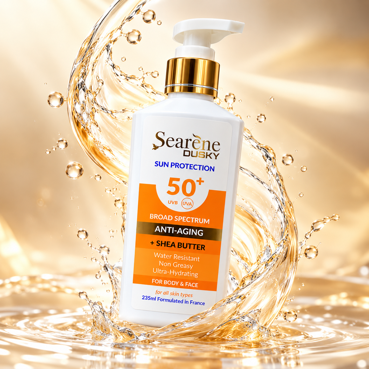 Searène DUSKY Sun Protection SPF 50+ anti-aging face and body sunscreen with shea butter, 235ml, for broad-spectrum UV protection.