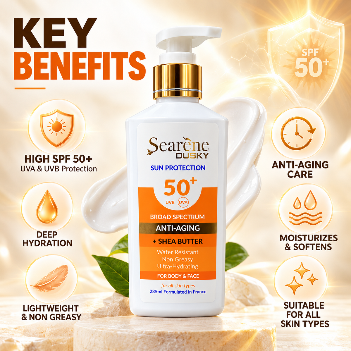 Searène DUSKY Sun Protection SPF 50+ anti-aging face and body sunscreen with shea butter, 235ml, for broad-spectrum UV protection.