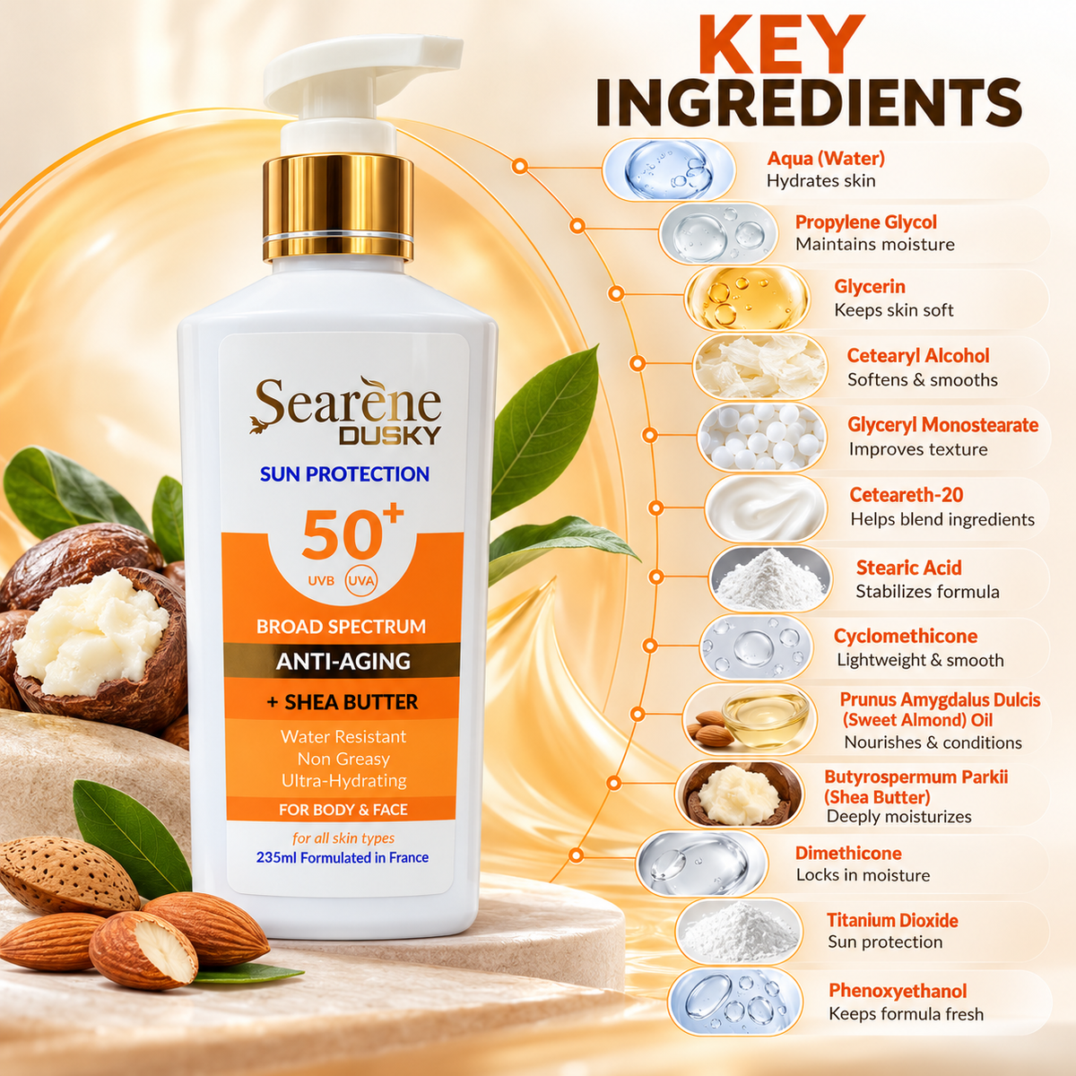 Searène DUSKY Sun Protection SPF 50+ anti-aging face and body sunscreen with shea butter, 235ml, for broad-spectrum UV protection.