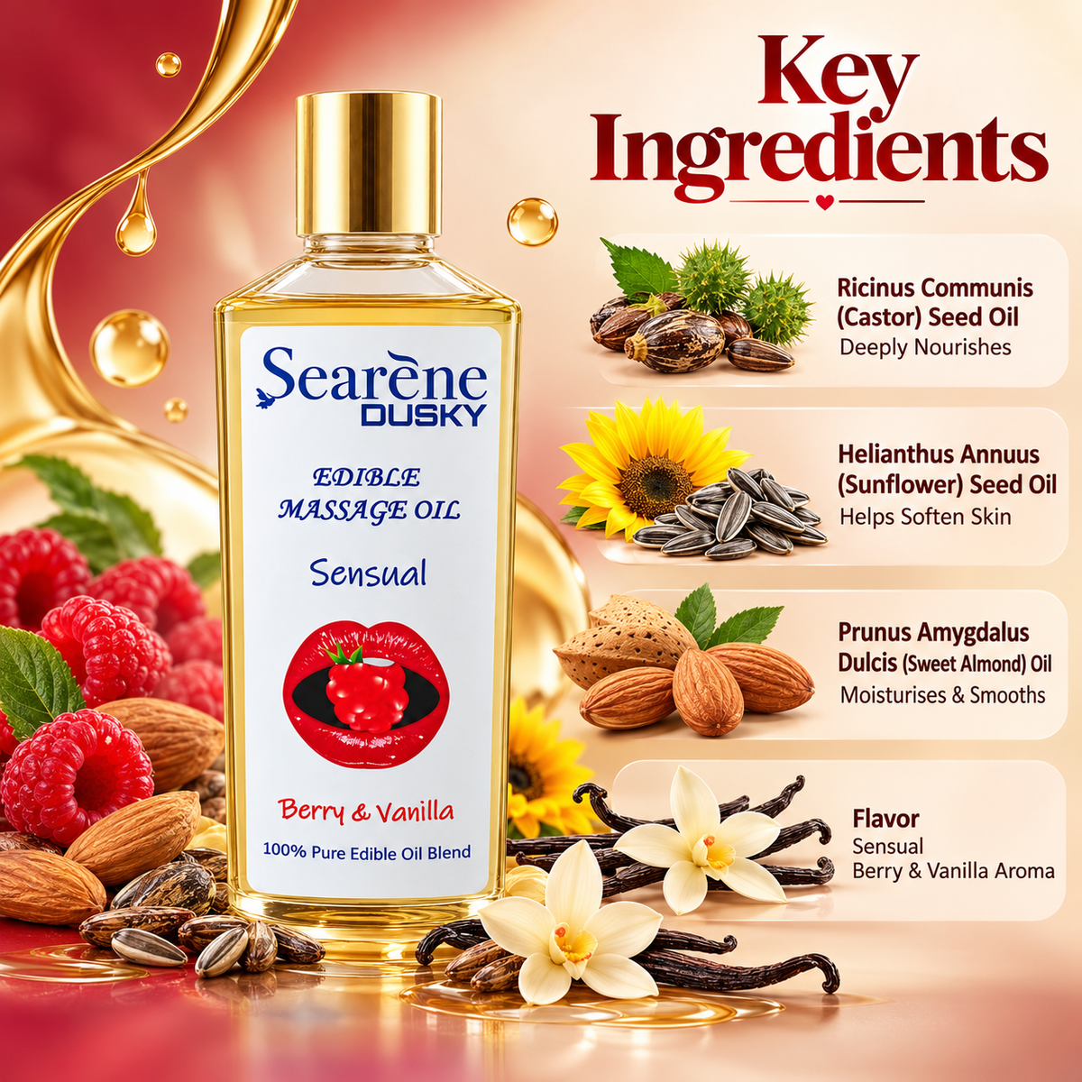 Searène DUSKY Sensual Berry & Vanilla Edible Massage Oil with castor, sunflower and sweet almond oils for skin conditioning