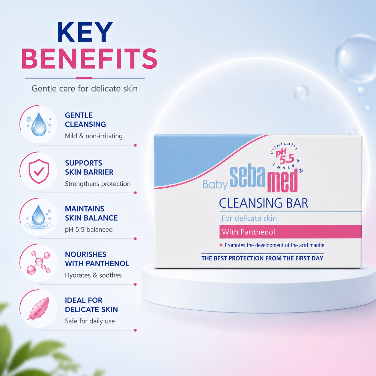 Sebamed Baby Cleansing Bar With Panthenol 100g for delicate sensitive baby skin with gentle pH 5.5 daily cleansing formula