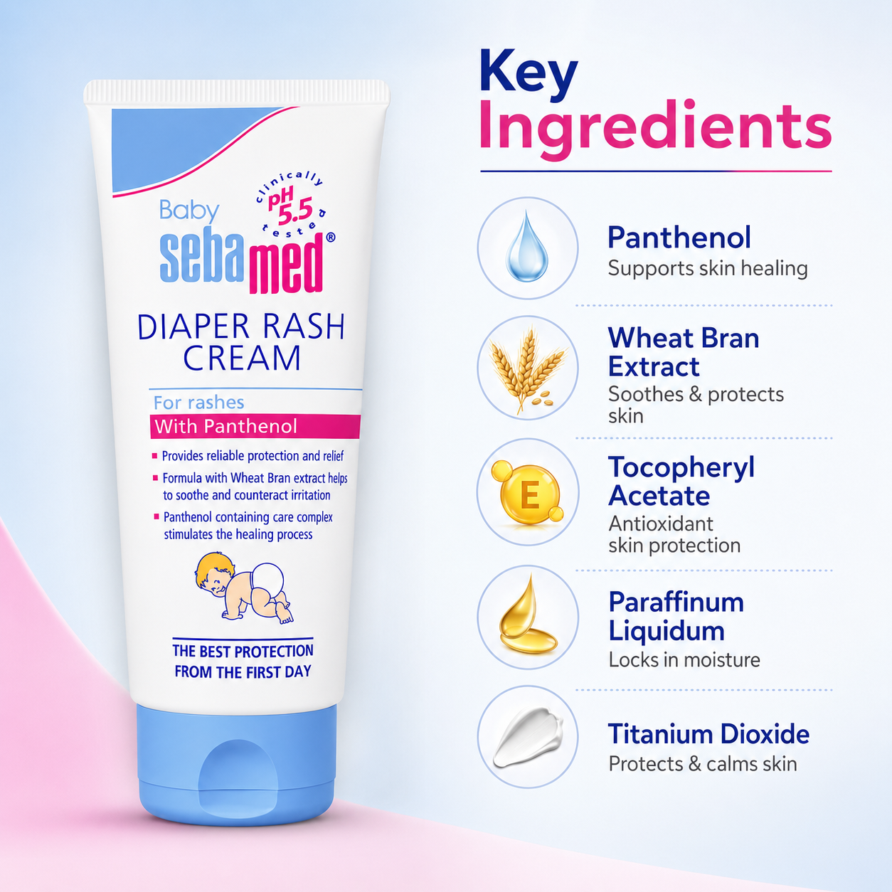Sebamed Baby Diaper Rash Cream 100ml tube for soothing diaper rash, protecting sensitive baby skin, and reducing irritation