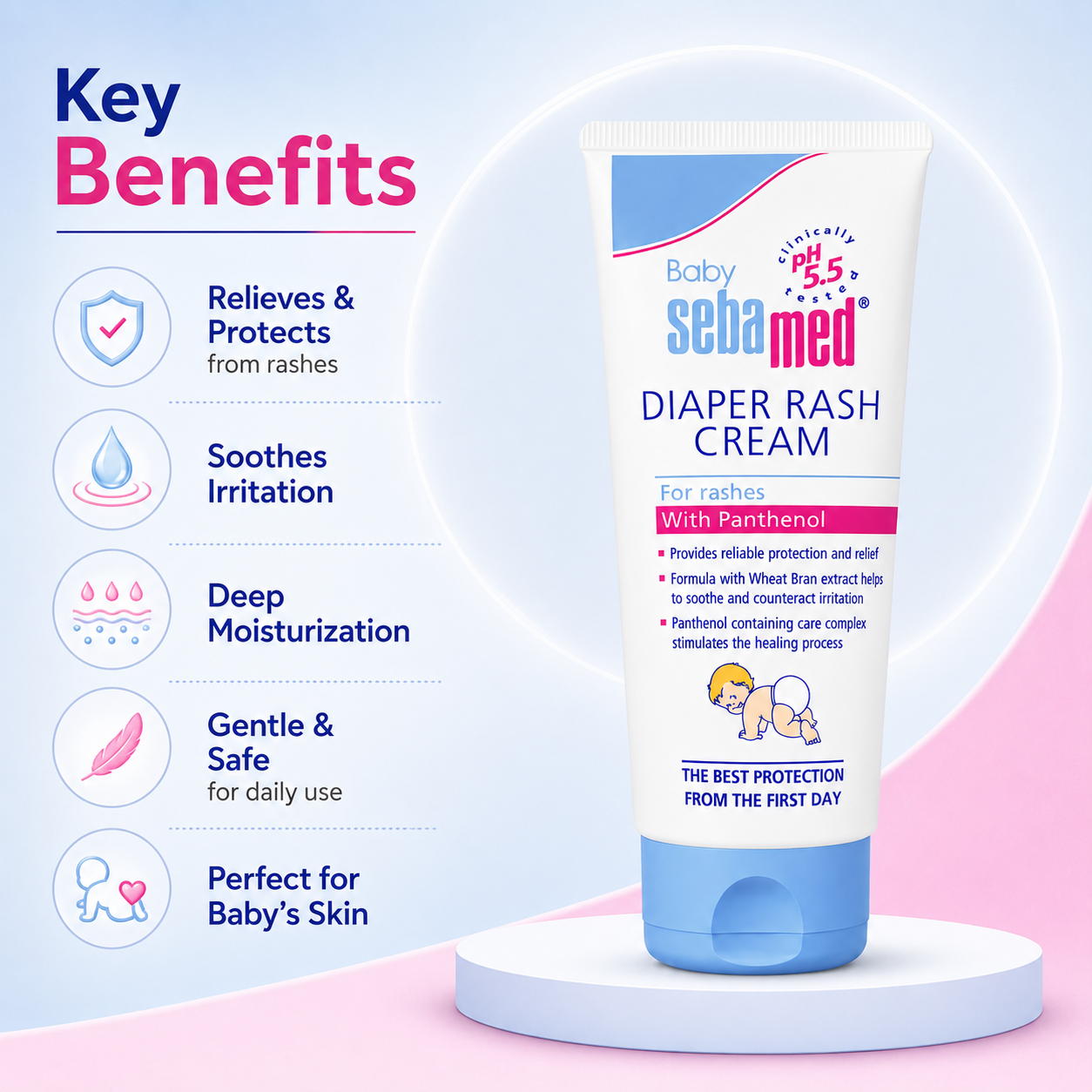 Sebamed Baby Diaper Rash Cream 100ml tube for soothing diaper rash, protecting sensitive baby skin, and reducing irritation