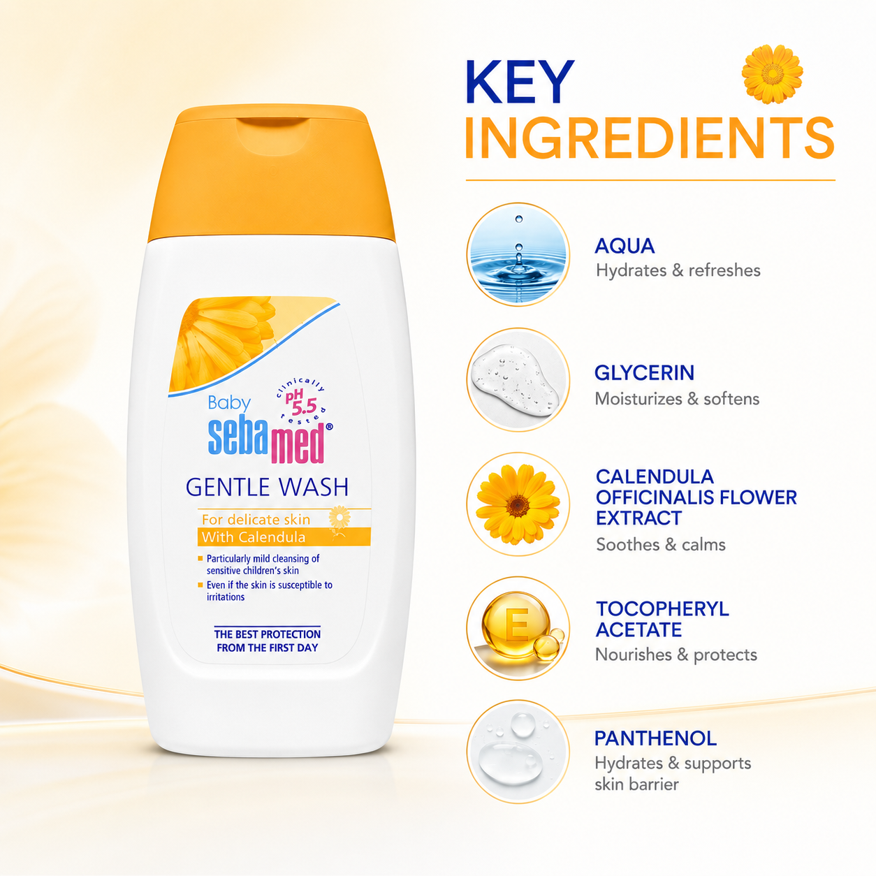 Sebamed Baby Gentle Wash With Calendula 200ml baby body wash for sensitive skin with pH 5.5 gentle cleansing formula