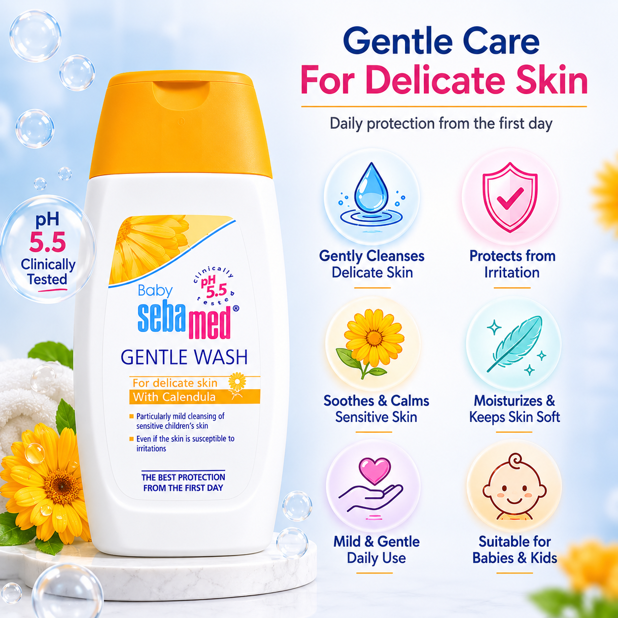 Sebamed Baby Gentle Wash With Calendula 200ml baby body wash for sensitive skin with pH 5.5 gentle cleansing formula