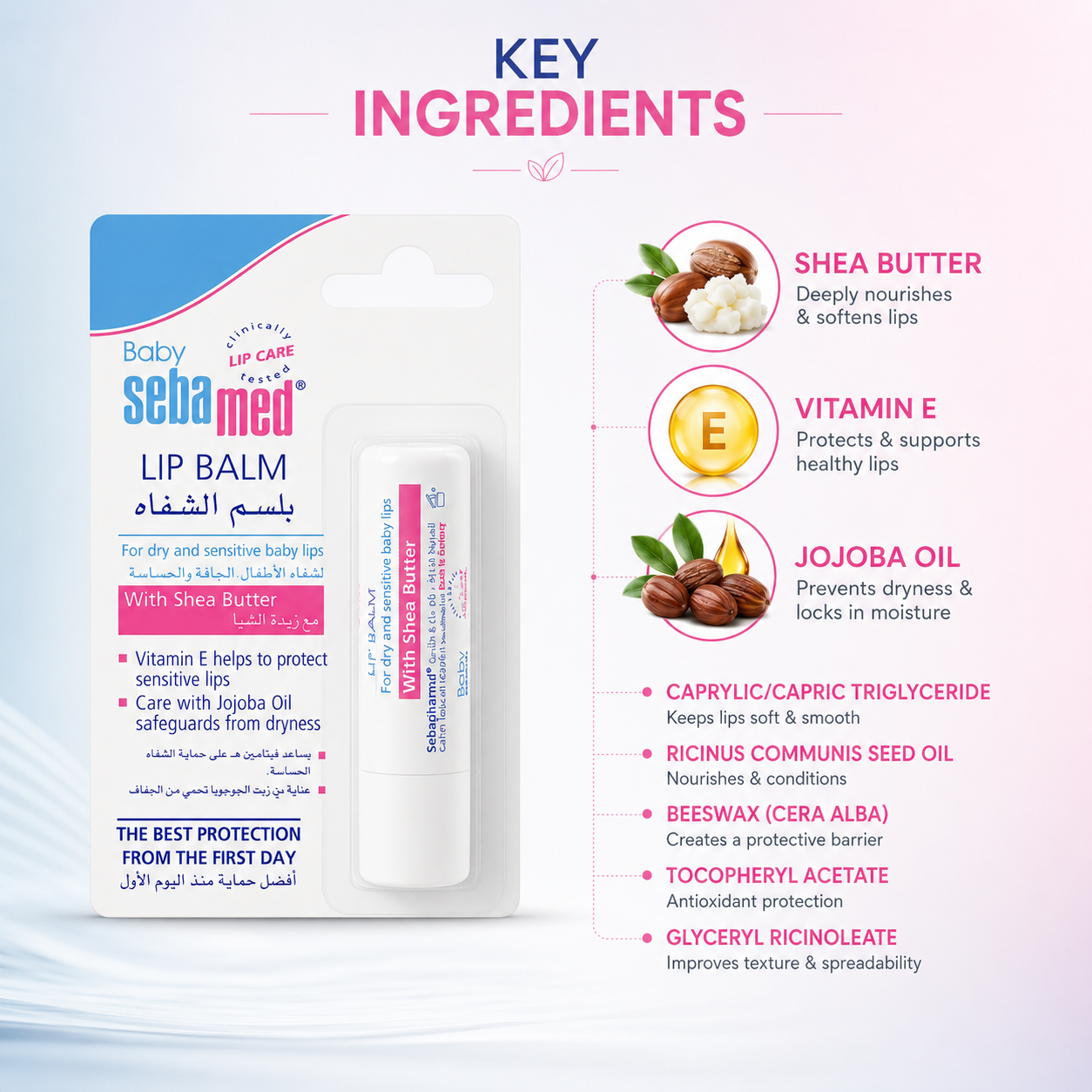 Sebamed Baby Lip Balm With Shea Butter 4.8g for dry and sensitive baby lips with vitamin E and jojoba oil protection.