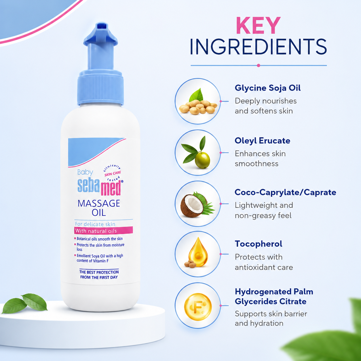 Sebamed Baby Massage Oil 150ml bottle for delicate baby skin with lightweight moisturizing protection and non-greasy care