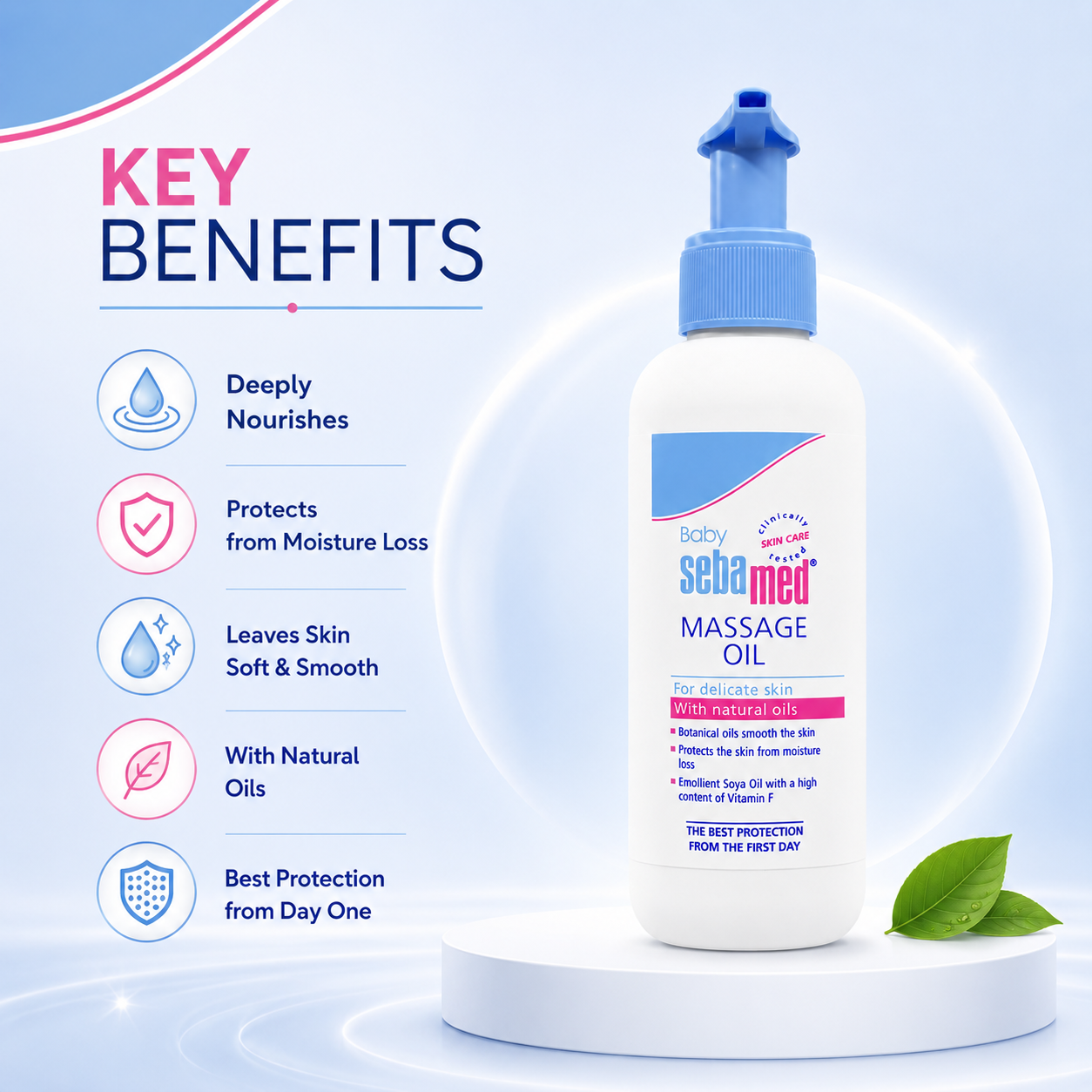 Sebamed Baby Massage Oil 150ml bottle for delicate baby skin with lightweight moisturizing protection and non-greasy care