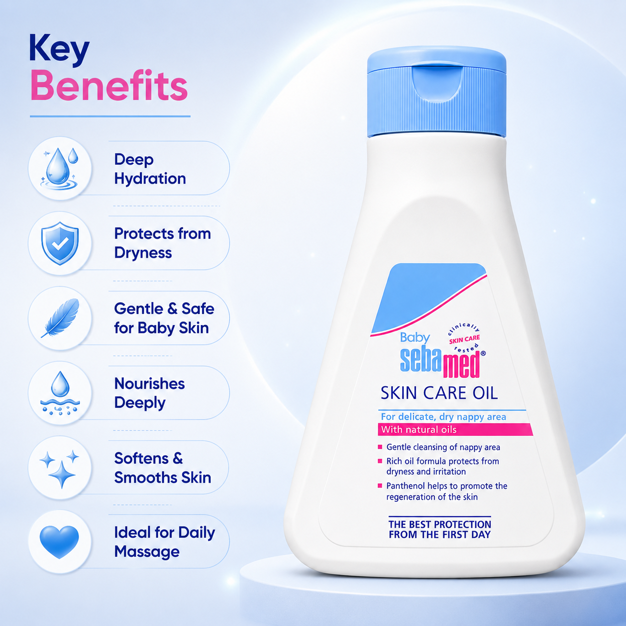 Sebamed Baby Skin Care Oil 150ml bottle for dry and sensitive baby skin with lightweight moisturizing protection