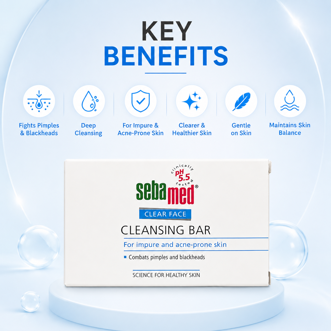 Sebamed Clear Face Cleansing Bar 100g acne cleansing bar for acne-prone skin that helps reduce pimples and blackheads gently.