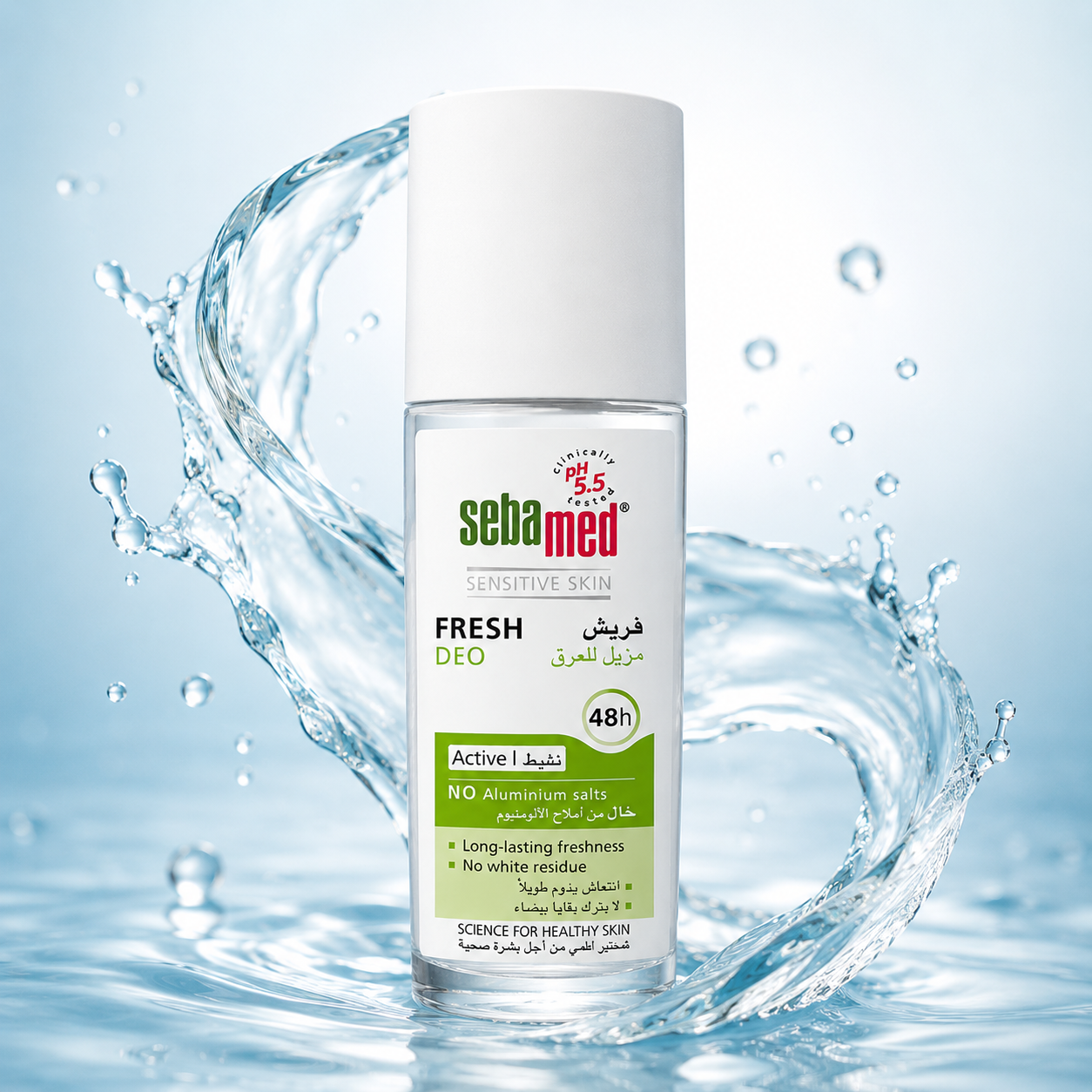 Sebamed Fresh Deo Active 48h Roll-On Deodorant 75ml for sensitive skin with aluminium-free odor protection and no white residue