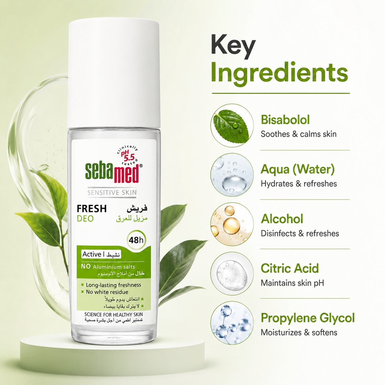 Sebamed Fresh Deo Active 48h Roll-On Deodorant 75ml for sensitive skin with aluminium-free odor protection and no white residue