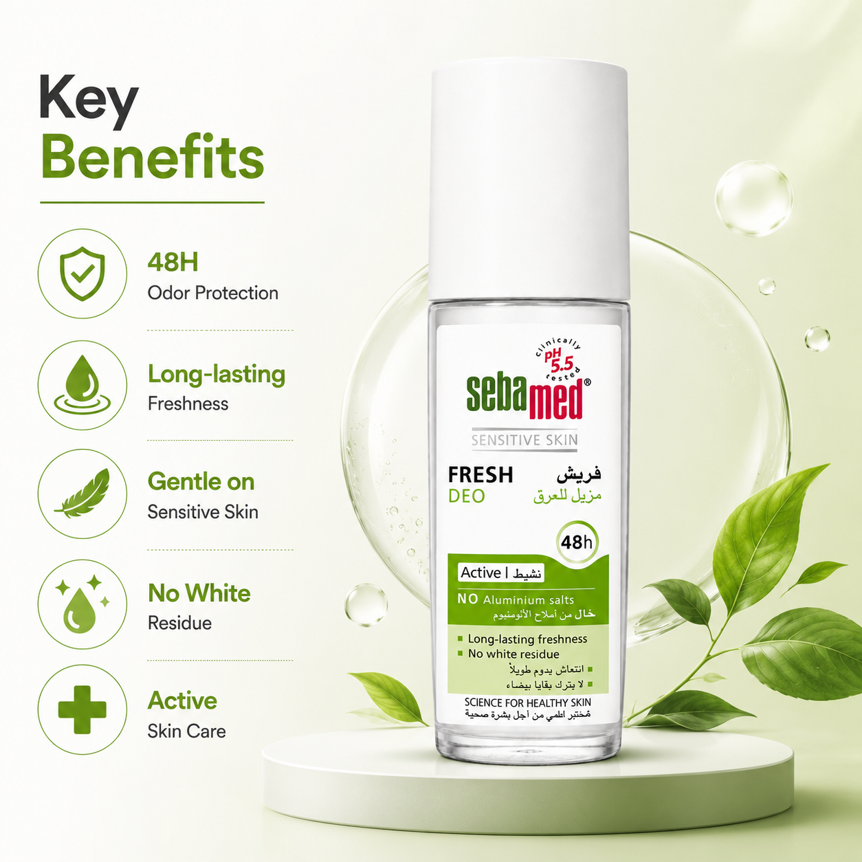 Sebamed Fresh Deo Active 48h Roll-On Deodorant 75ml for sensitive skin with aluminium-free odor protection and no white residue