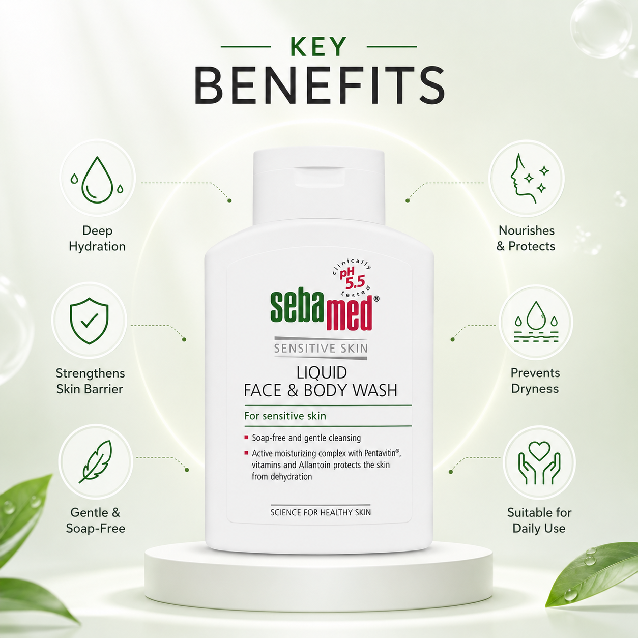 Sebamed Sensitive Skin Liquid Face & Body Wash 200ml soap-free cleanser for gentle daily cleansing and hydration