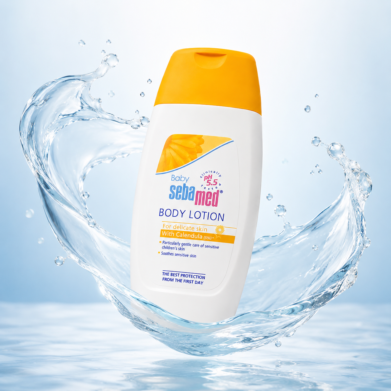 Sebamed Baby Body Lotion With Calendula 200ml for delicate baby skin, lightweight moisturizing body lotion for daily care.