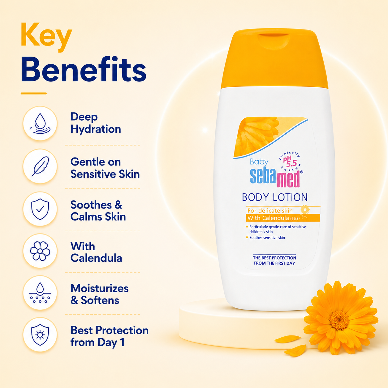 Sebamed Baby Body Lotion With Calendula 200ml for delicate baby skin, lightweight moisturizing body lotion for daily care.