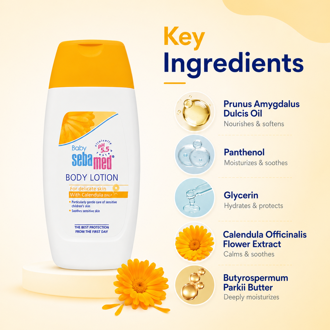 Sebamed Baby Body Lotion With Calendula 200ml for delicate baby skin, lightweight moisturizing body lotion for daily care.