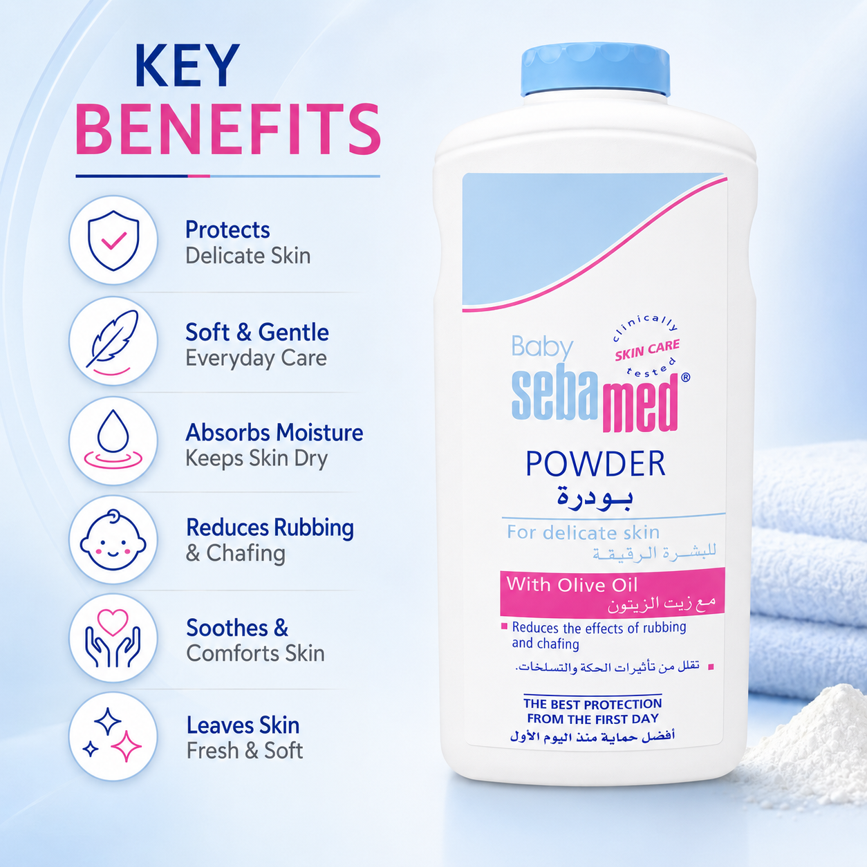 Sebamed Baby Powder With Olive Oil 400g baby body powder for delicate skin protection and reducing rubbing discomfort