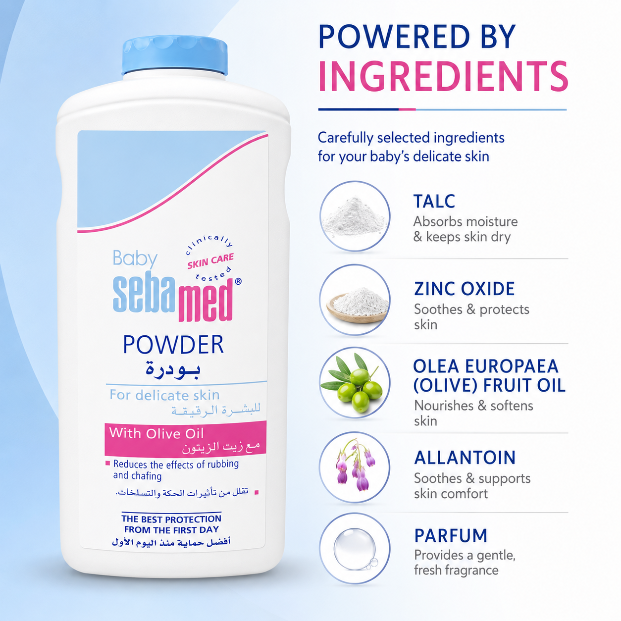Sebamed Baby Powder With Olive Oil 400g baby body powder for delicate skin protection and reducing rubbing discomfort