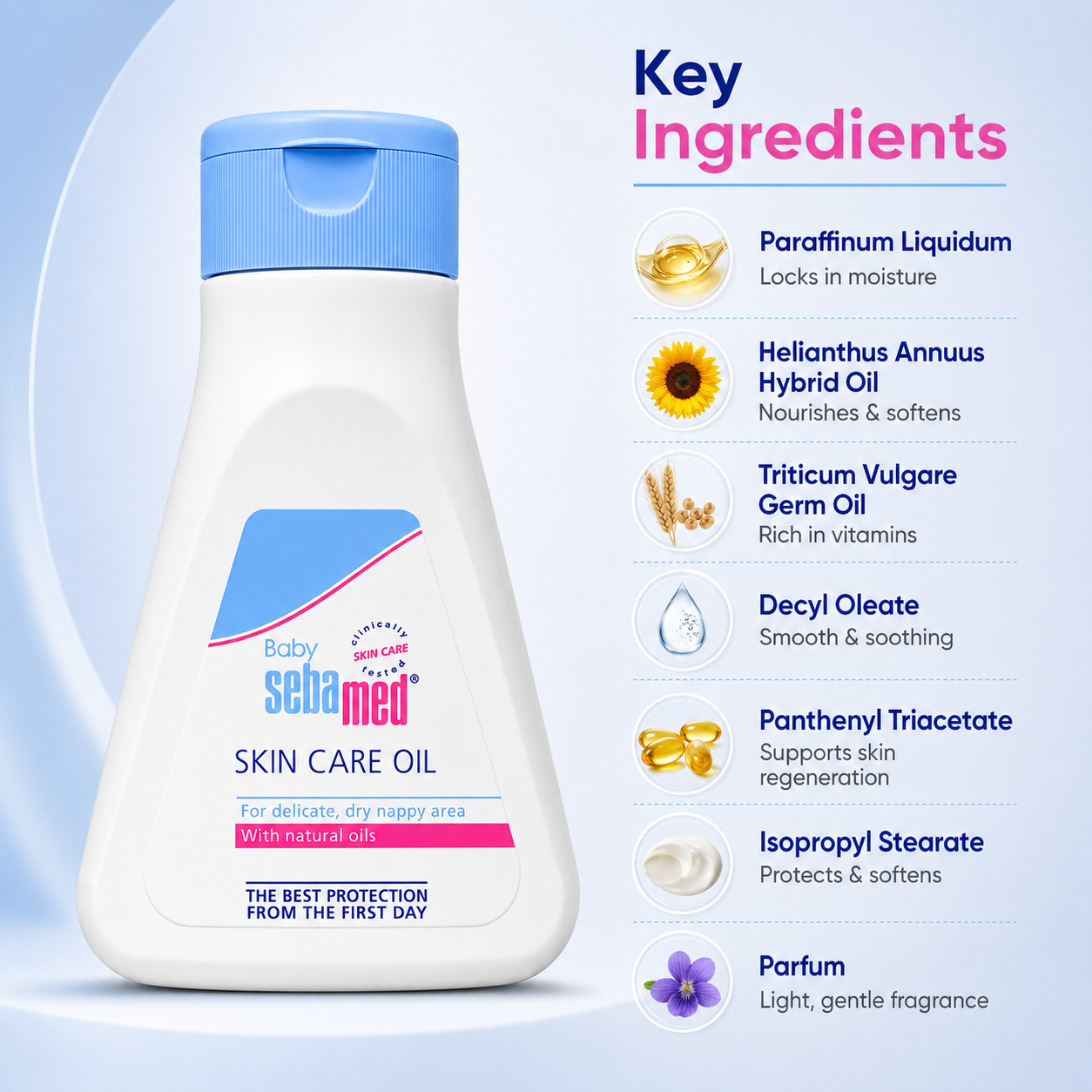 Sebamed Baby Skin Care Oil 150ml bottle for dry and sensitive baby skin with lightweight moisturizing protection