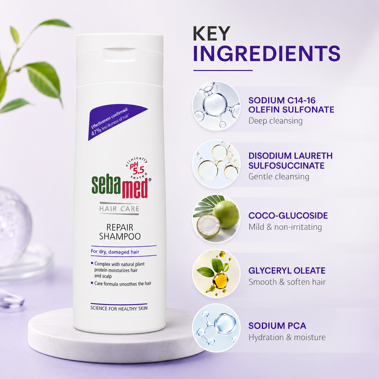 Sebamed Hair Care Repair Shampoo 200ml for dry damaged hair with pH 5.5 formula to help moisturize and smooth hair texture