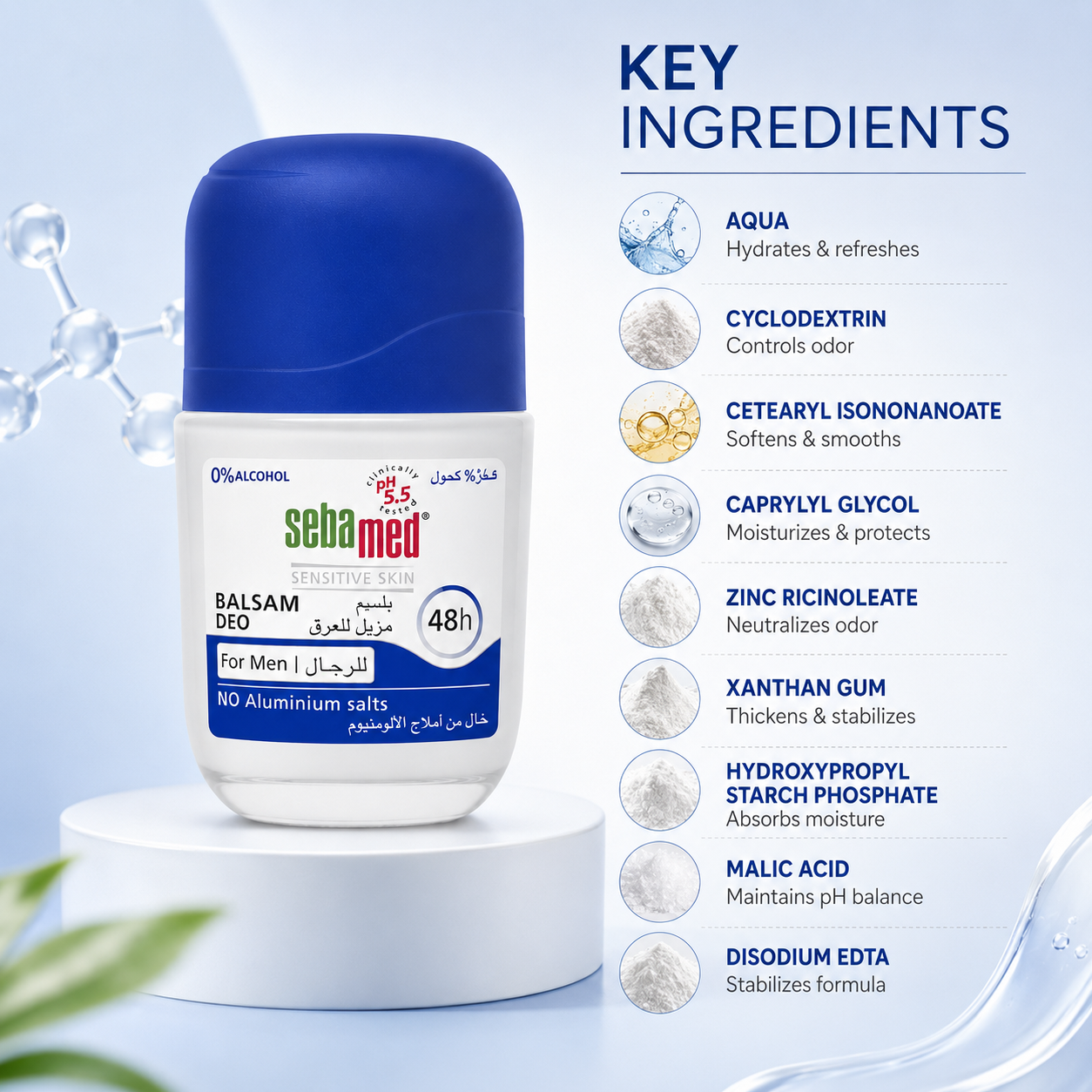 Sebamed Sensitive Skin Balsam Deo For Men 50ml roll-on deodorant with 48h odor protection for sensitive underarm skin