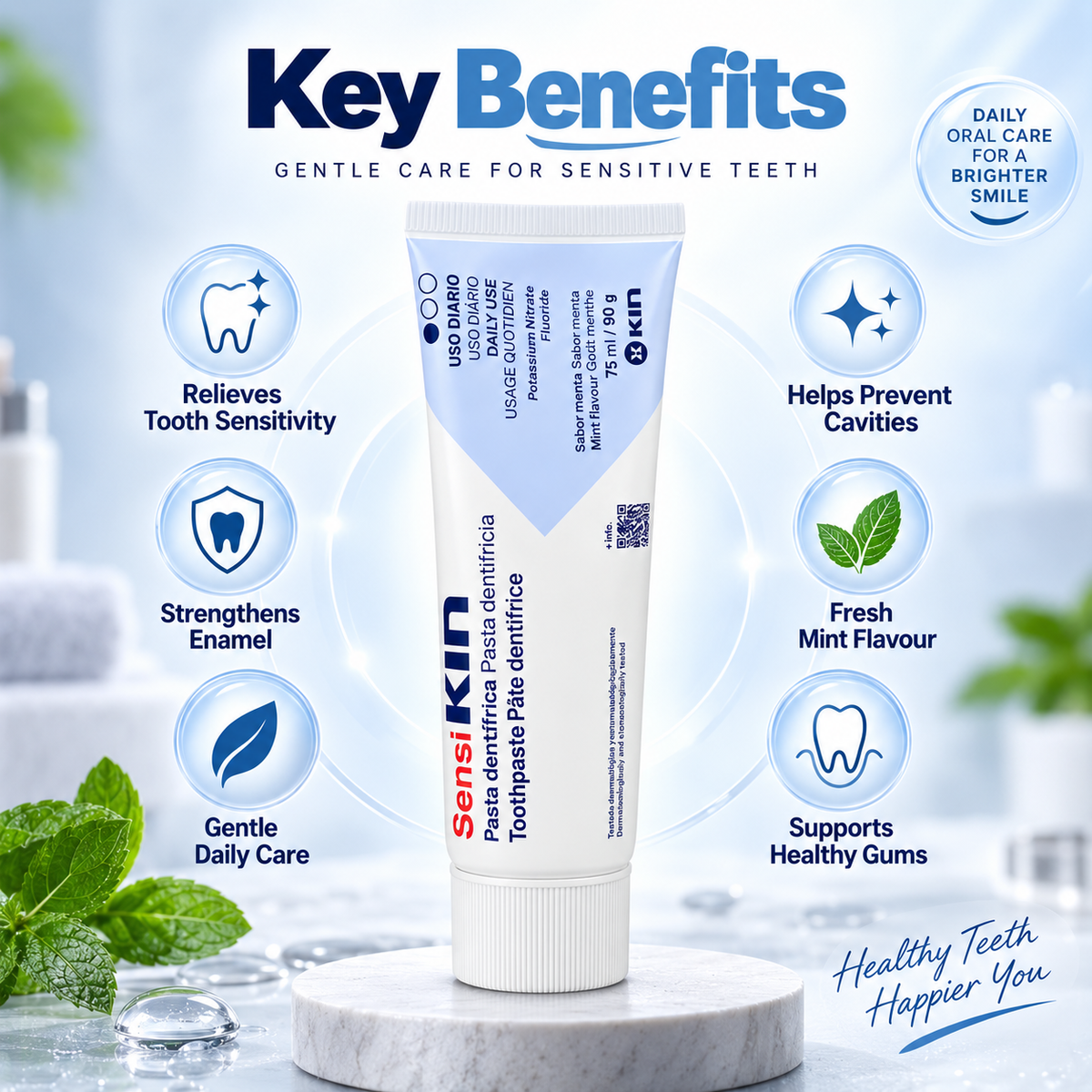 SensiKIN Toothpaste for dental sensitivity, 75 ml / 90 g, with 5% potassium nitrate for daily sensitive teeth care