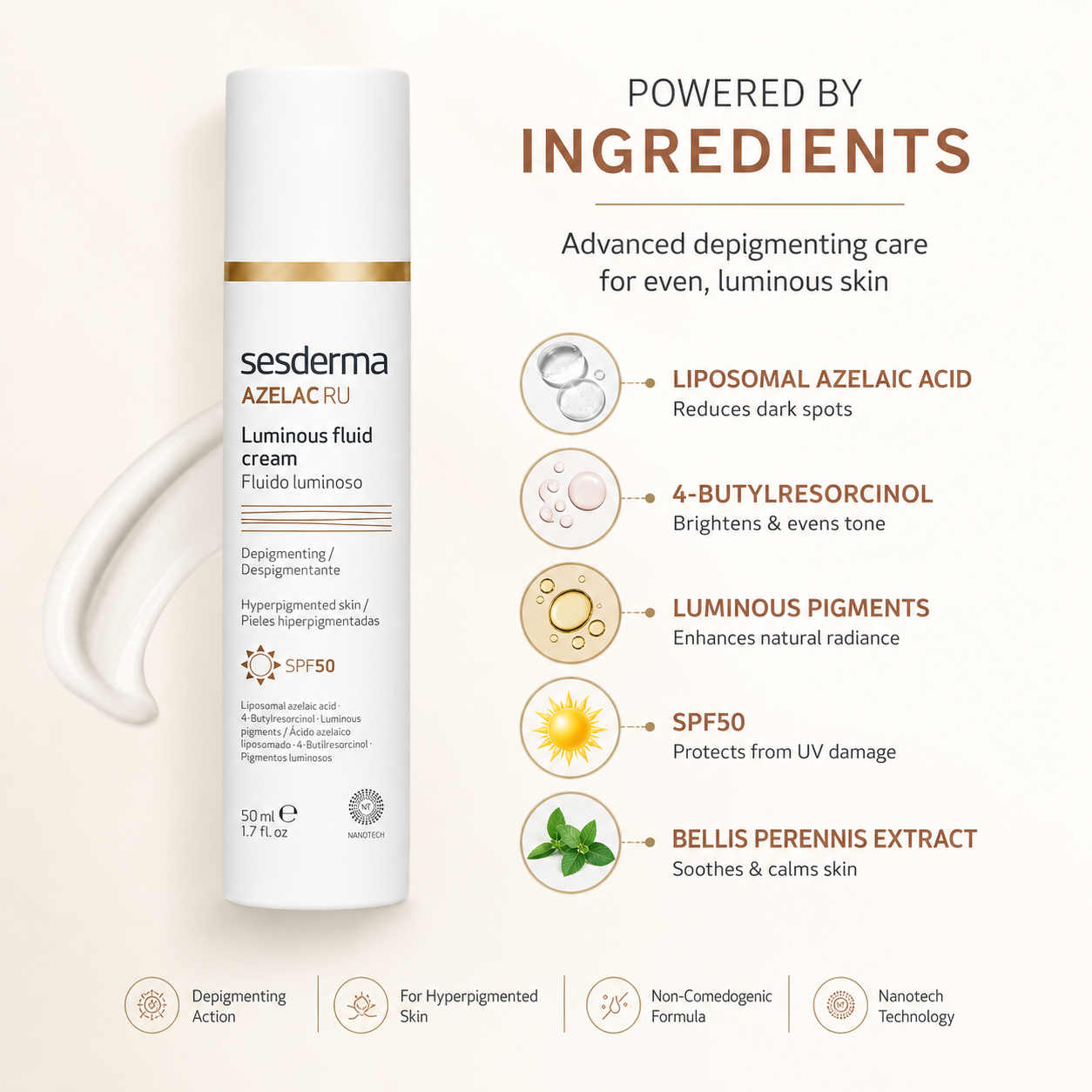 Sesderma Azelac RU Luminous Fluid Cream SPF50 50ml depigmenting sunscreen for dark spots and uneven skin tone