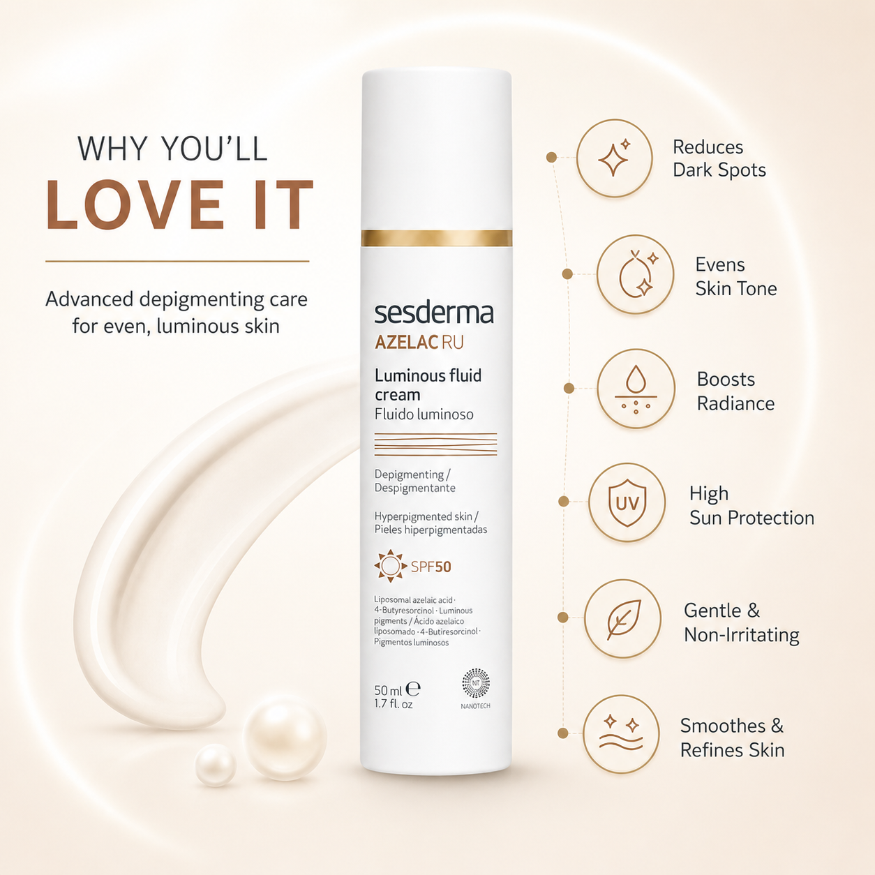 Sesderma Azelac RU Luminous Fluid Cream SPF50 50ml depigmenting sunscreen for dark spots and uneven skin tone