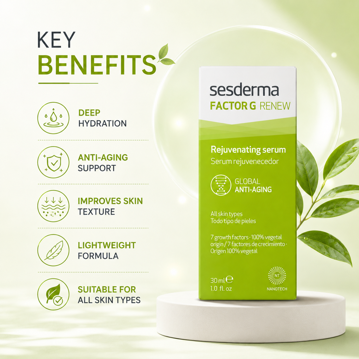 Sesderma Factor G Renew Rejuvenating Serum anti-aging facial serum 30ml for smoother, hydrated-looking skin