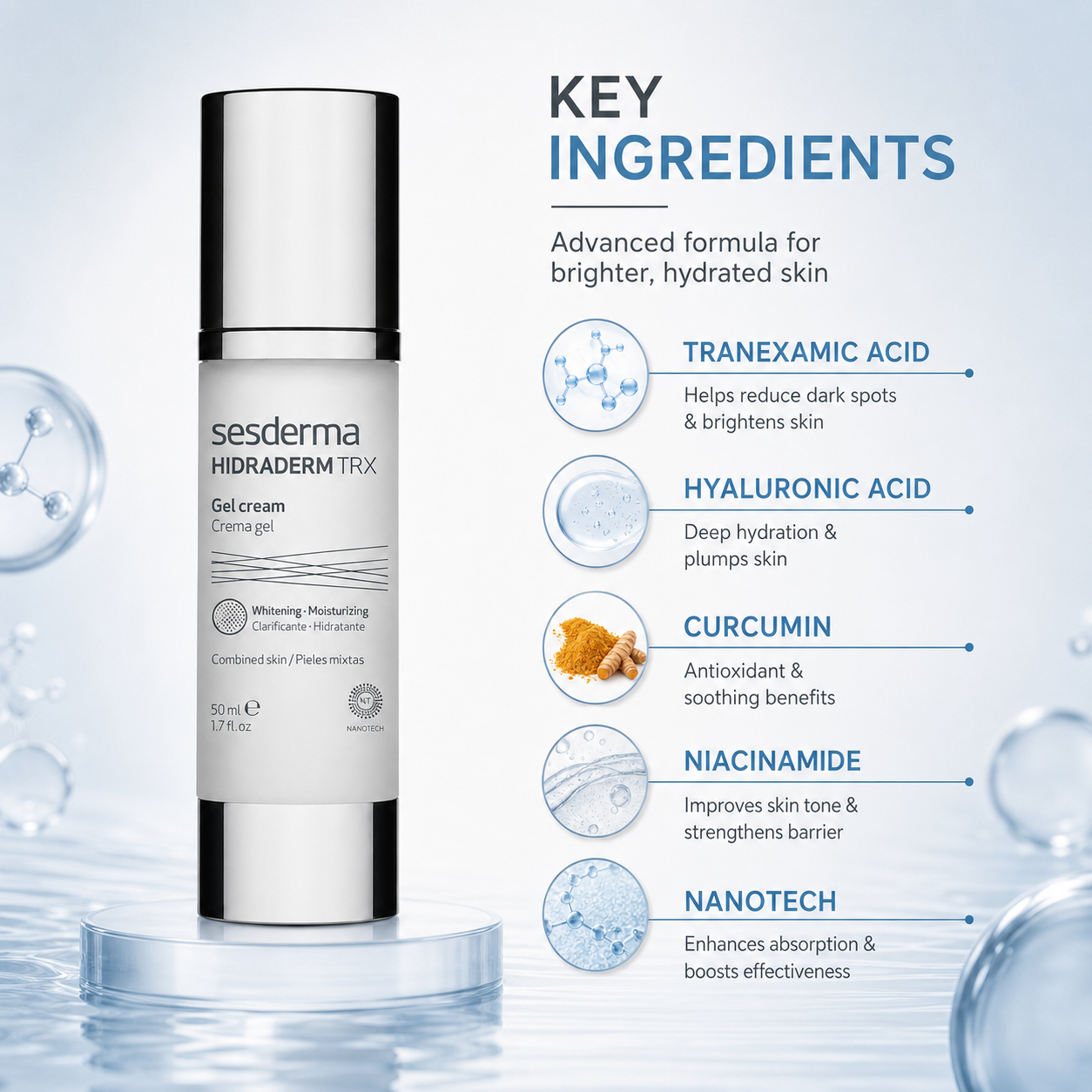 Sesderma Hidraderm TRX Gel Cream 50ml brightening face moisturizer for uneven skin tone and hydration