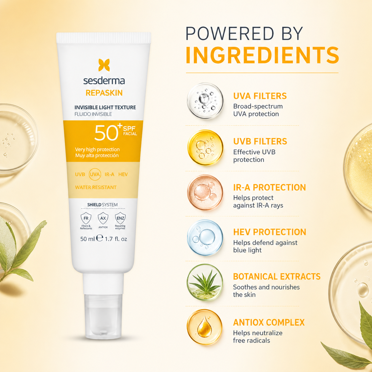 Sesderma Repaskin Invisible Light Texture SPF 50+ facial sunscreen 50ml lightweight formula for broad spectrum sun protection