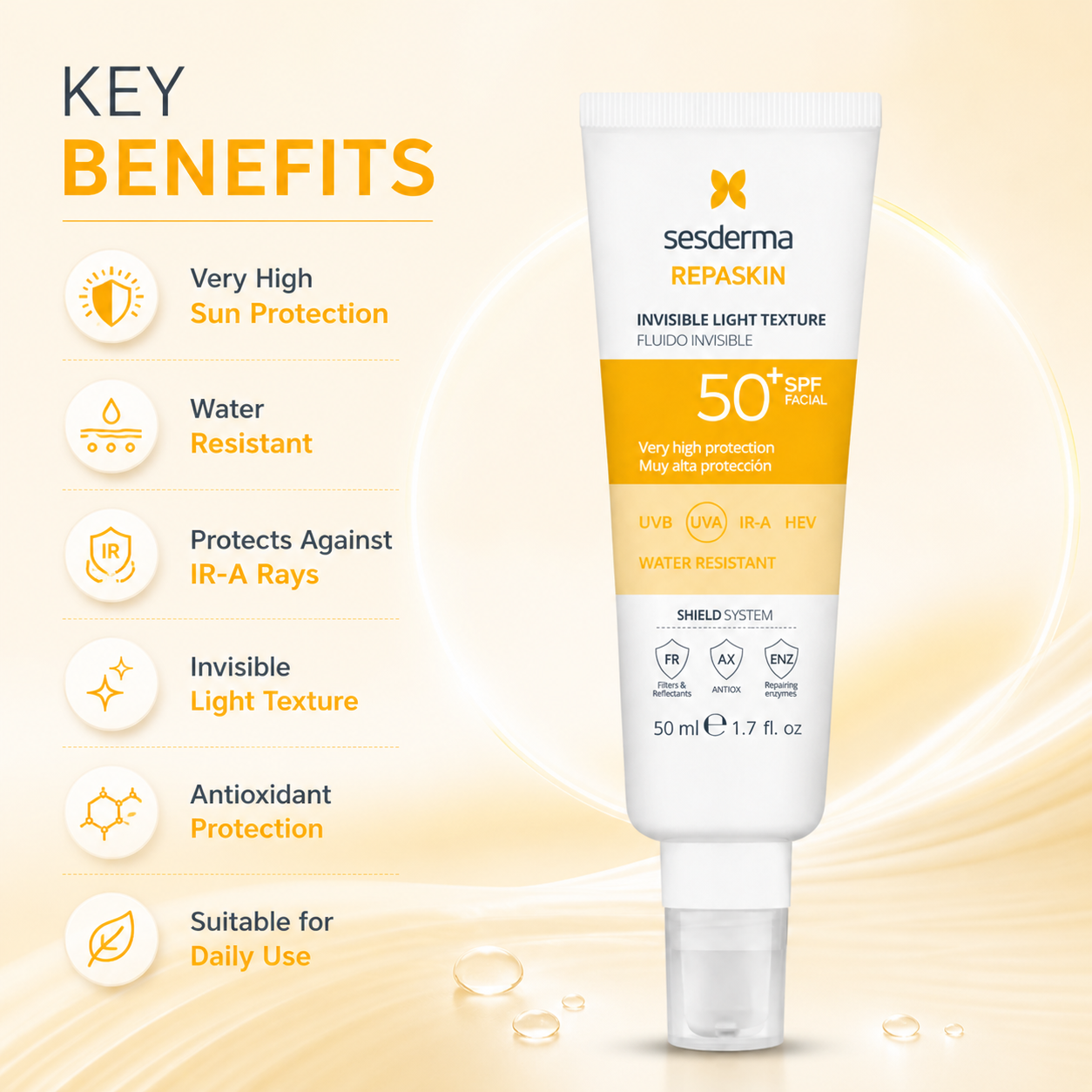 Sesderma Repaskin Invisible Light Texture SPF 50+ facial sunscreen 50ml lightweight formula for broad spectrum sun protection