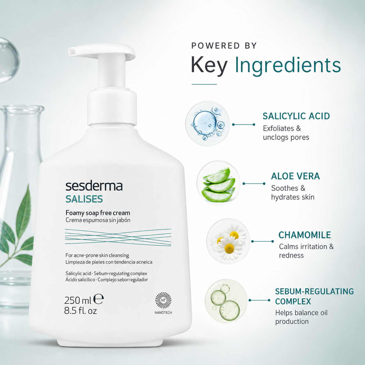 Sesderma Salises Foamy Soap Free Cream acne control face cleanser 250ml for oily skin and deep pore cleansing