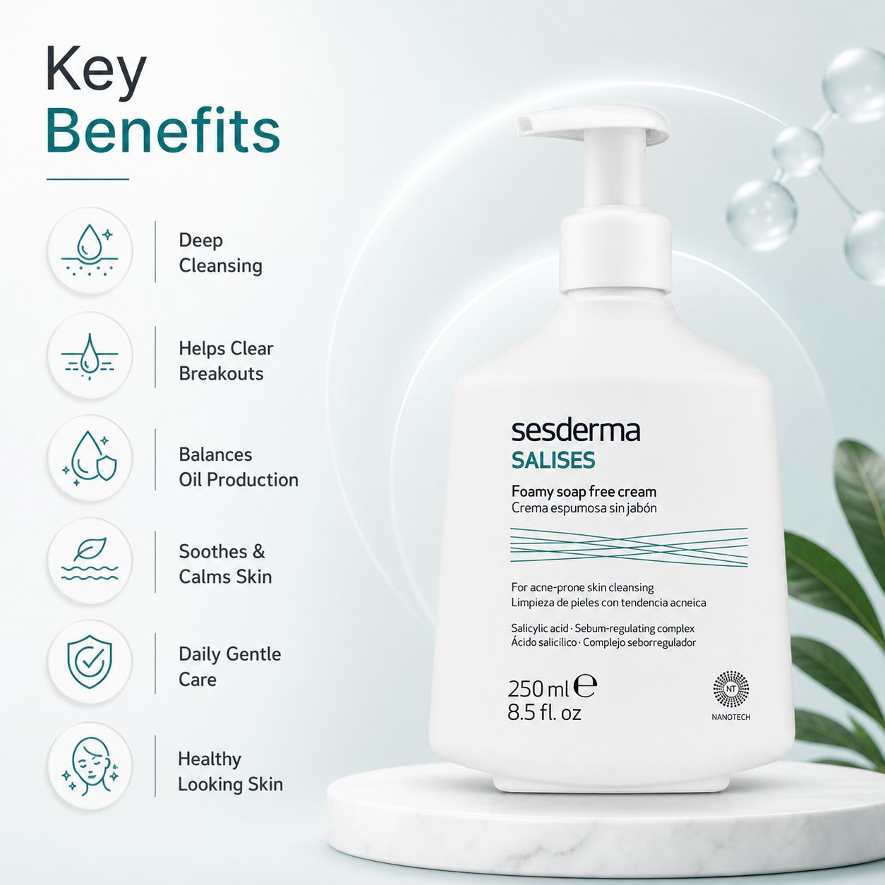 Sesderma Salises Foamy Soap Free Cream acne control face cleanser 250ml for oily skin and deep pore cleansing