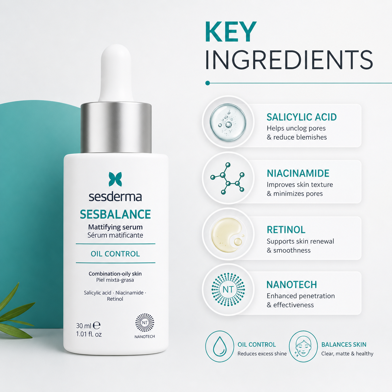 Sesderma Sesbalance Mattifying Serum oil control face serum 30ml for oily acne-prone skin reducing shine and refining pores