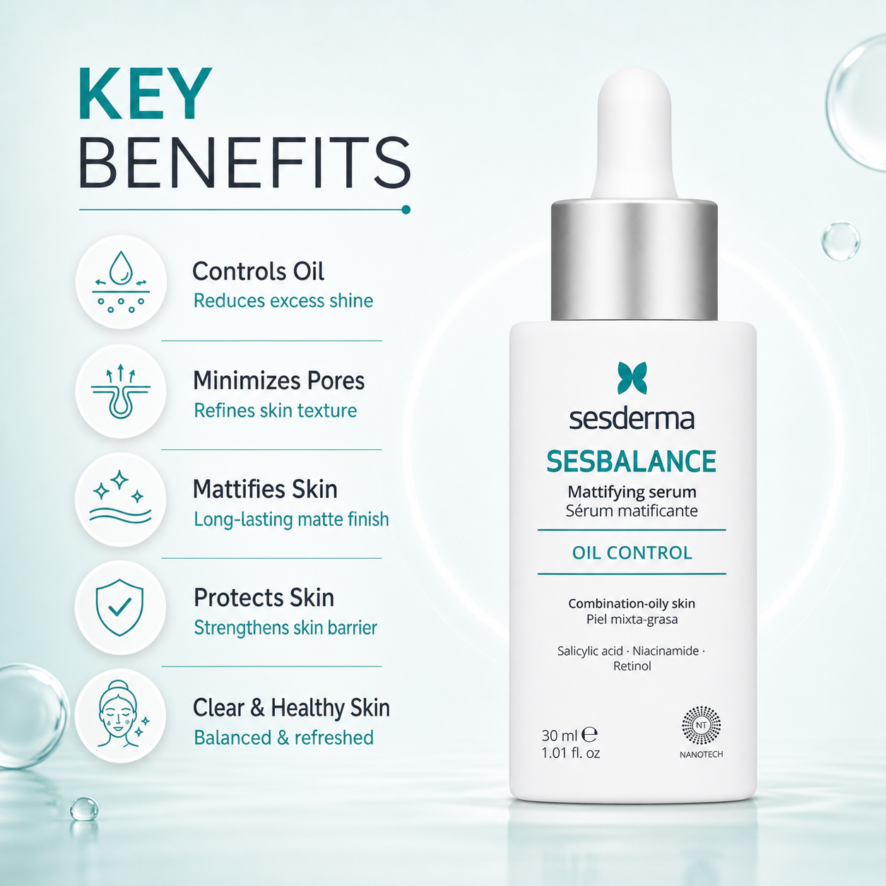 Sesderma Sesbalance Mattifying Serum oil control face serum 30ml for oily acne-prone skin reducing shine and refining pores