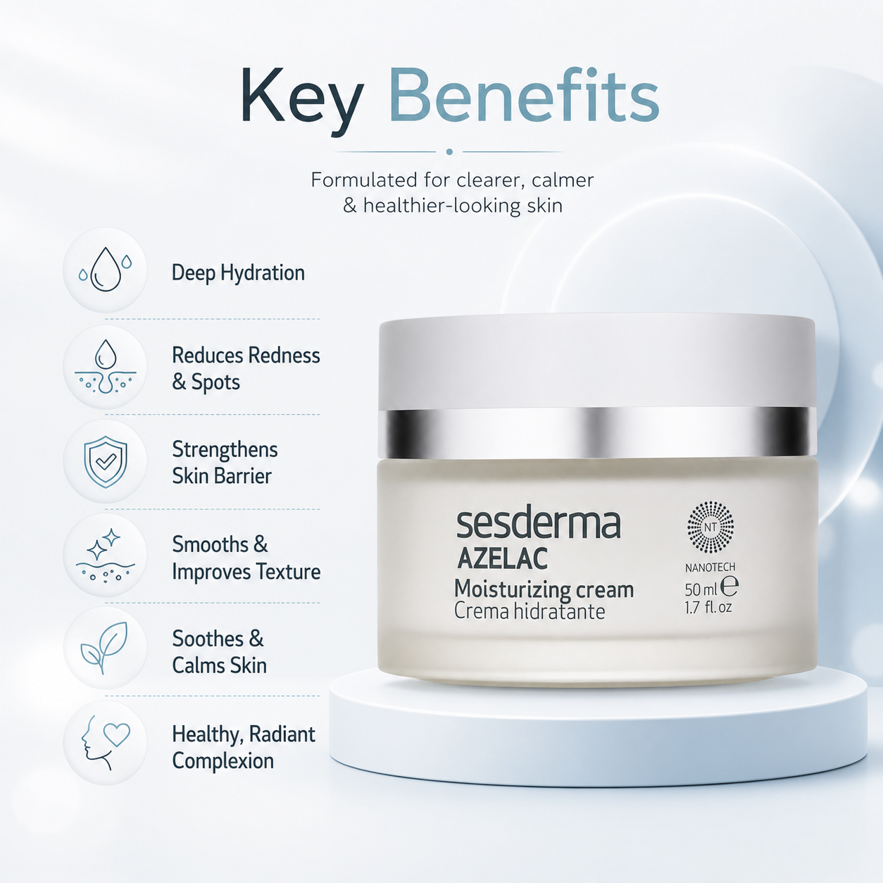 Sesderma Azelac Moisturizing Cream 50ml face moisturizer for sensitive skin, designed to reduce redness and hydrate skin