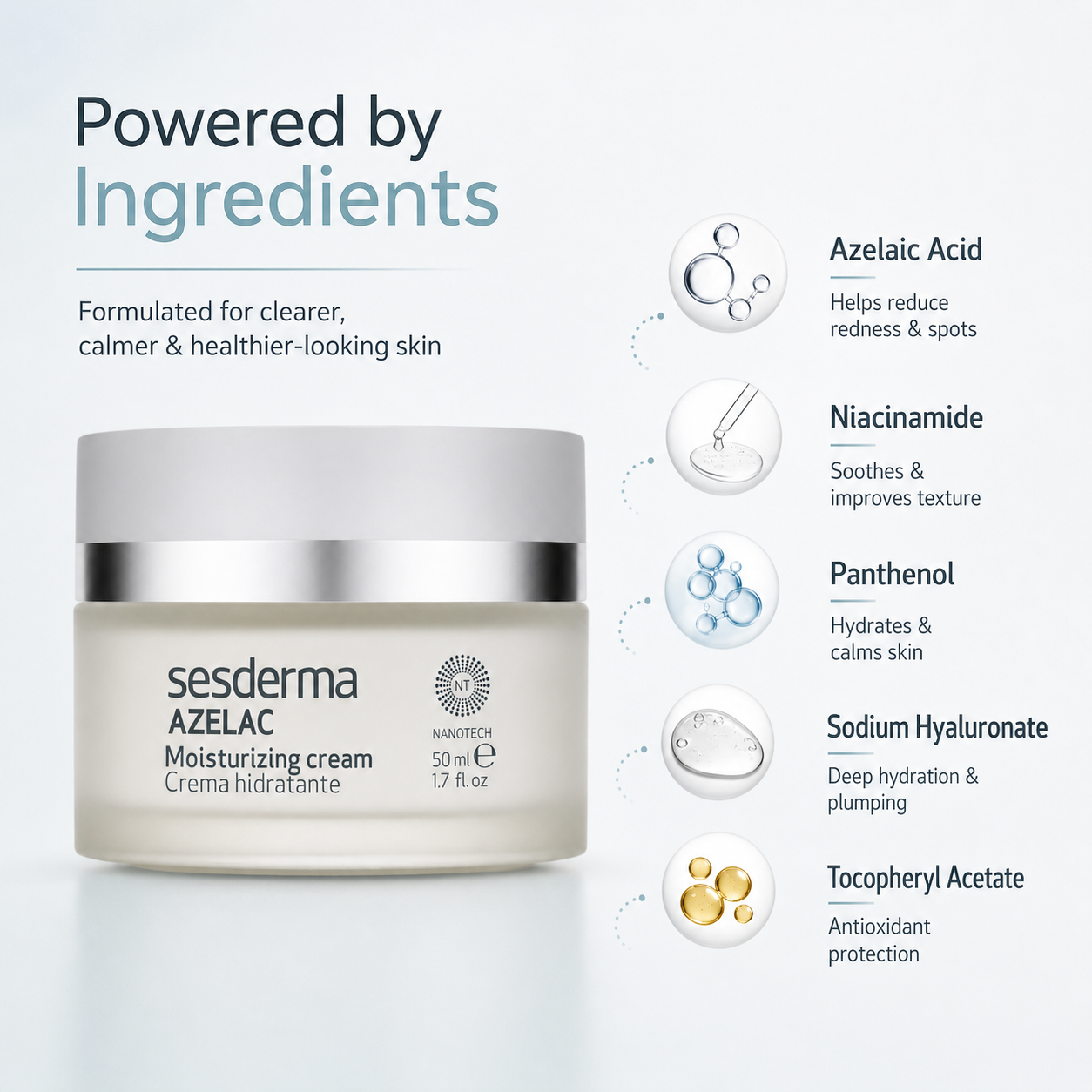 Sesderma Azelac Moisturizing Cream 50ml face moisturizer for sensitive skin, designed to reduce redness and hydrate skin