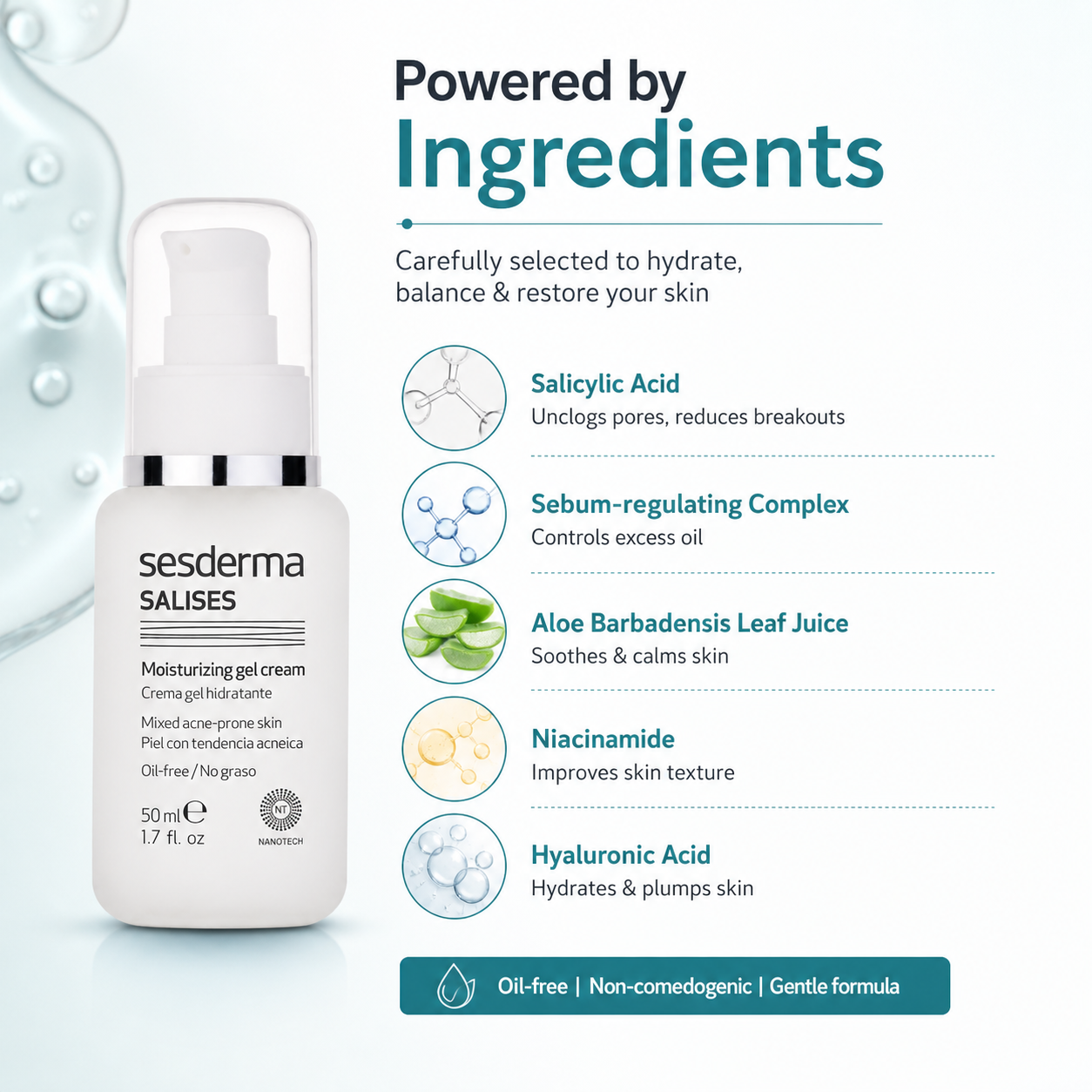 Sesderma Salises Moisturizing Gel Cream 50ml oil-free acne moisturizer helps control excess oil and reduce breakouts for clearer skin