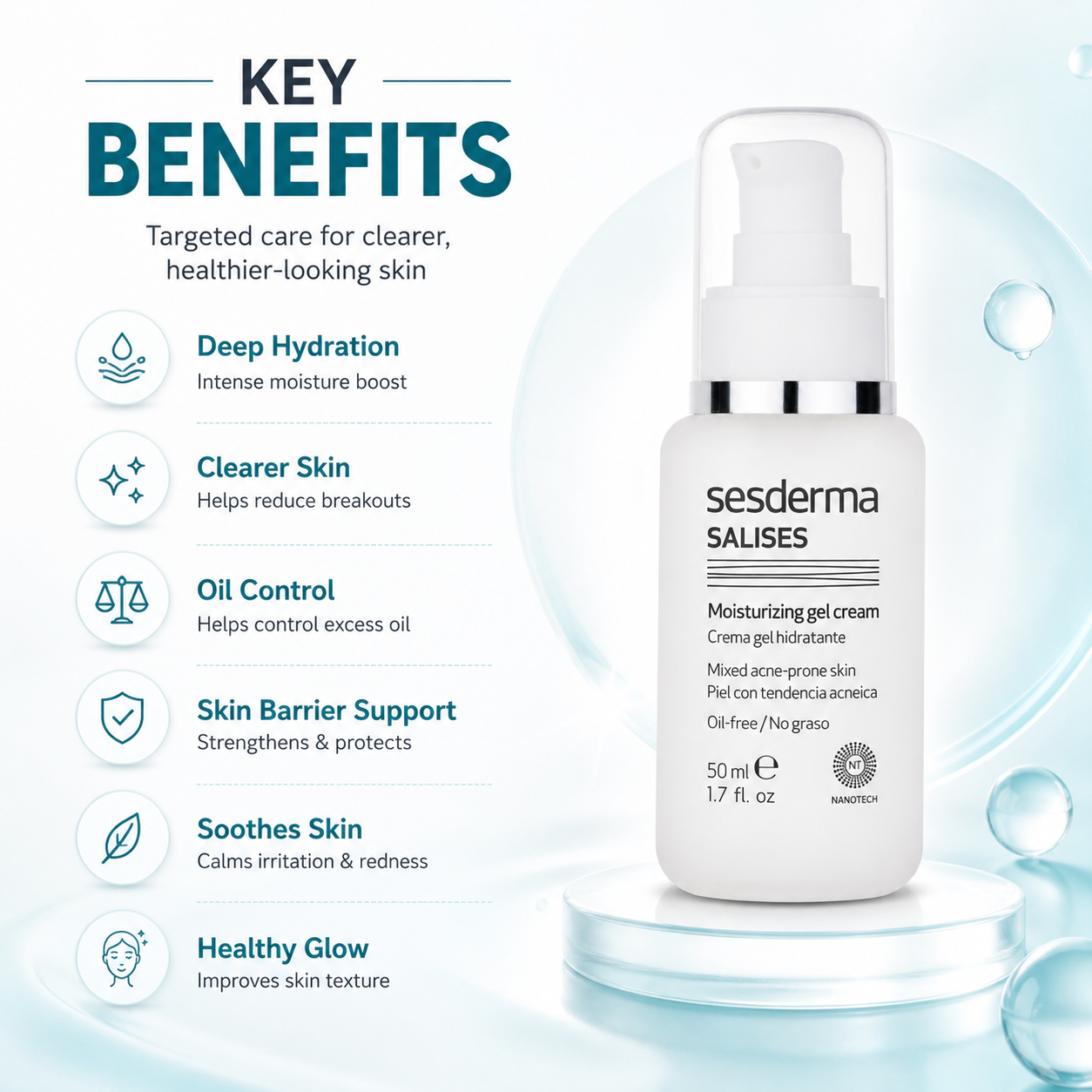 Sesderma Salises Moisturizing Gel Cream 50ml oil-free acne moisturizer helps control excess oil and reduce breakouts for clearer skin