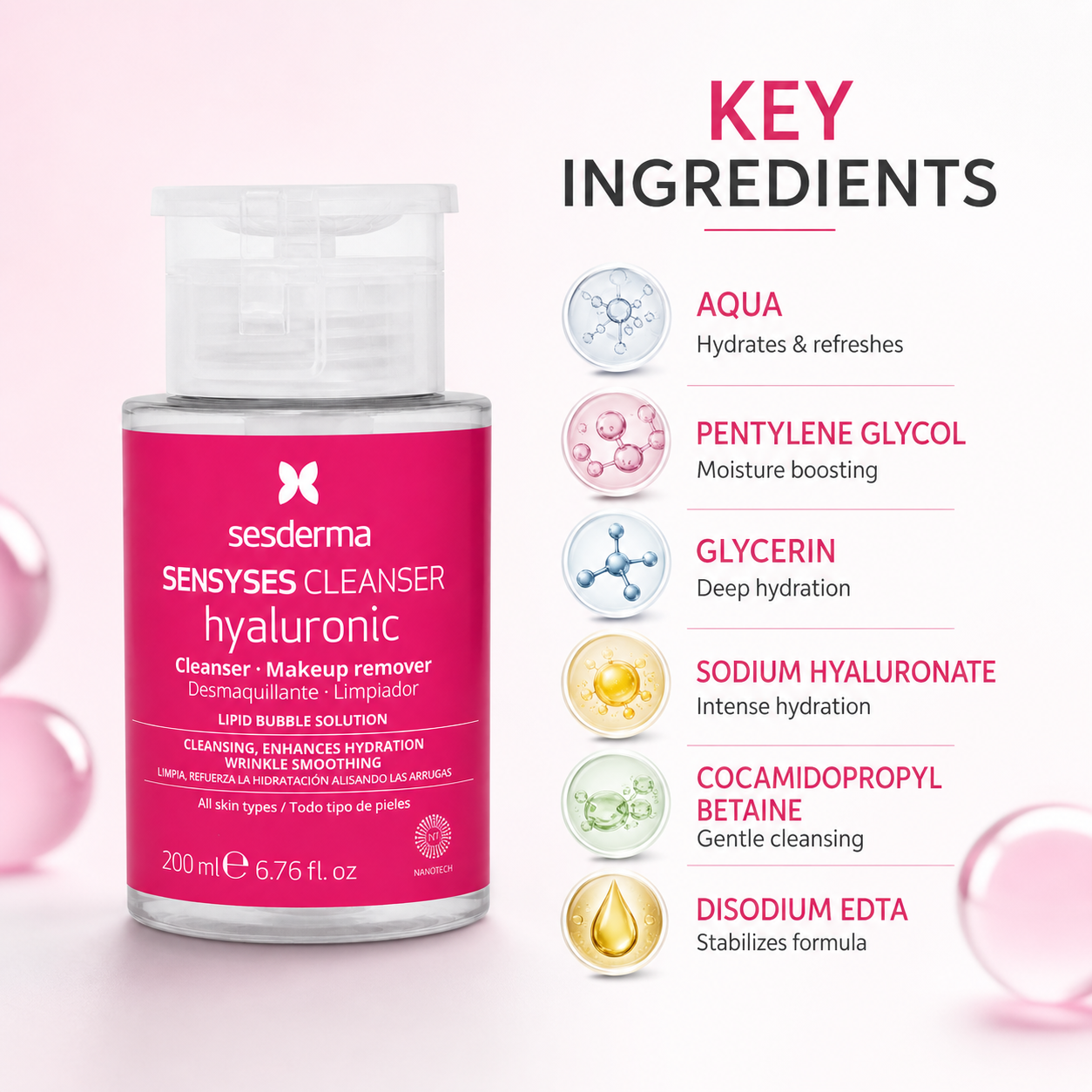 Sesderma Sensyses Hyaluronic Cleanser micellar face cleanser 200ml bottle for gentle makeup removal and skin hydration