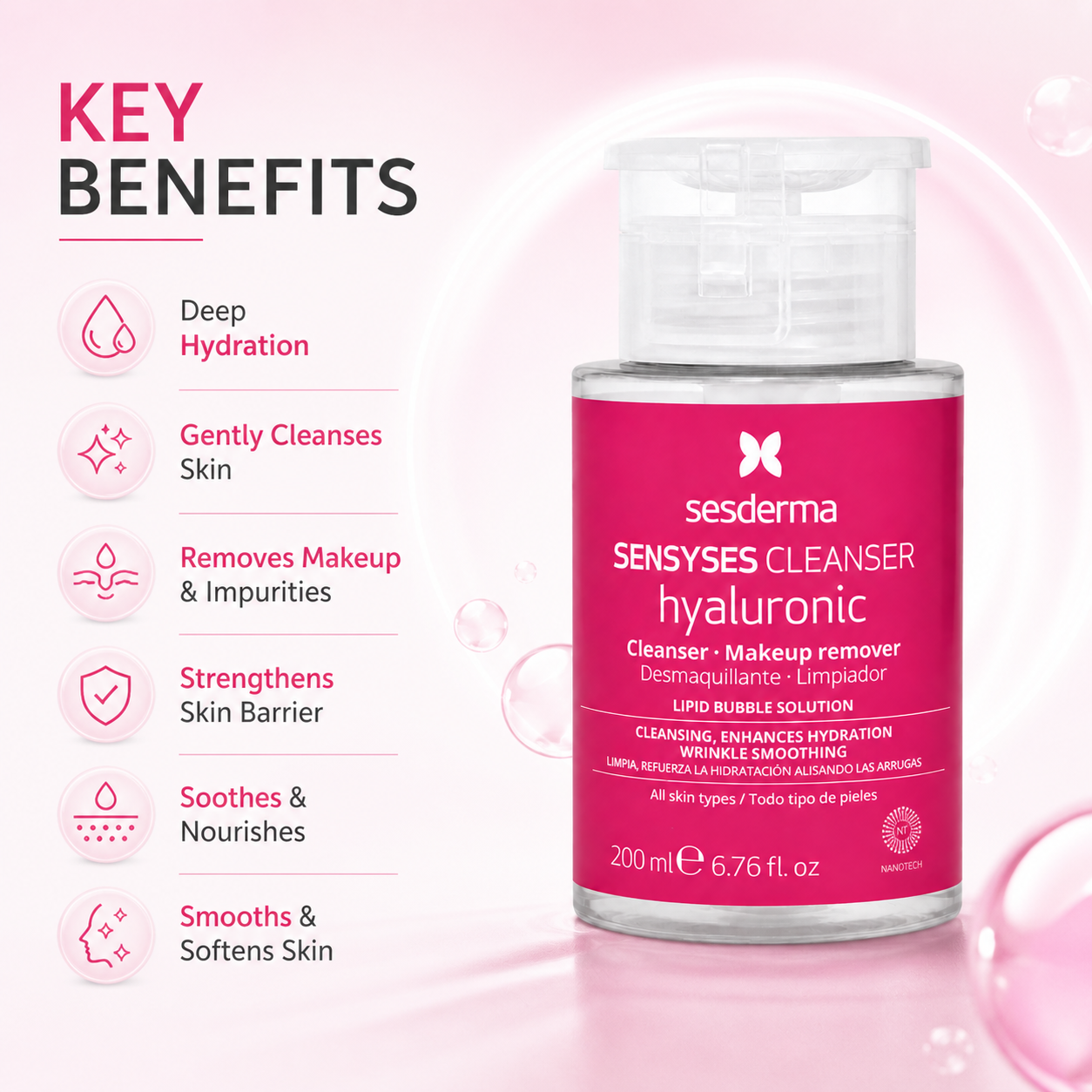 Sesderma Sensyses Hyaluronic Cleanser micellar face cleanser 200ml bottle for gentle makeup removal and skin hydration