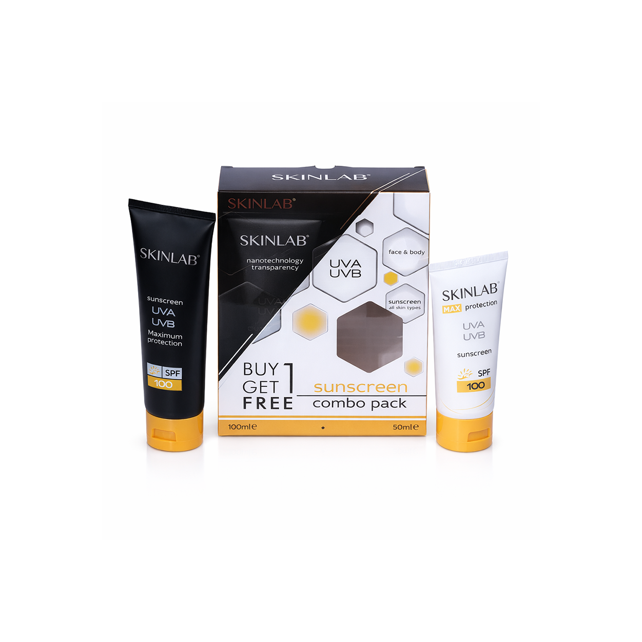SKINLAB Sunscreen SPF 50 transparent combo pack 100ml and 50ml face and body sunscreen for broad spectrum UV protection