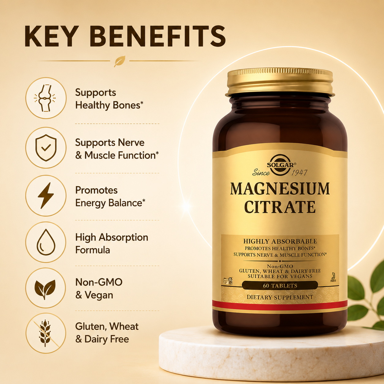 Solgar Magnesium Citrate 60 Tablets magnesium supplement for muscle, nerve and bone support with highly absorbable magnesium citrate formula.