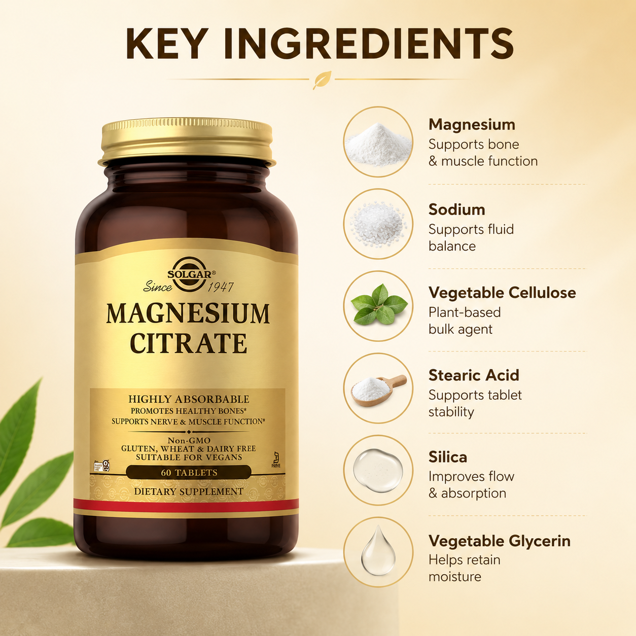 Solgar Magnesium Citrate 60 Tablets magnesium supplement for muscle, nerve and bone support with highly absorbable magnesium citrate formula.