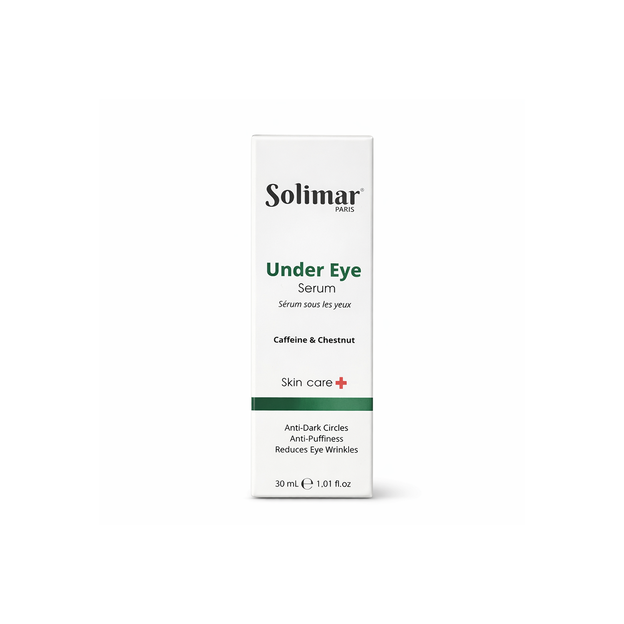 Solimar Paris Under Eye Serum 30ml eye serum for dark circles and puffiness with caffeine and niacinamide in retail packaging